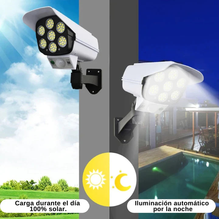 🔆 Foco Solar LED con Forma de Cámara de Seguridad – Ilumina y Protege tu Hoga