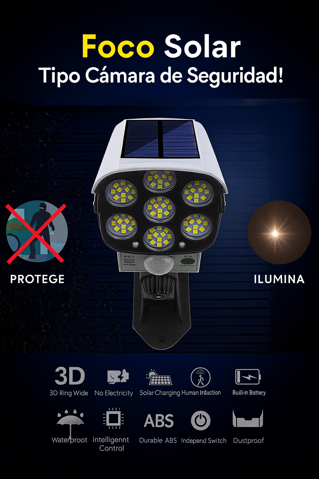 🔆 Foco Solar LED con Forma de Cámara de Seguridad – Ilumina y Protege tu Hoga